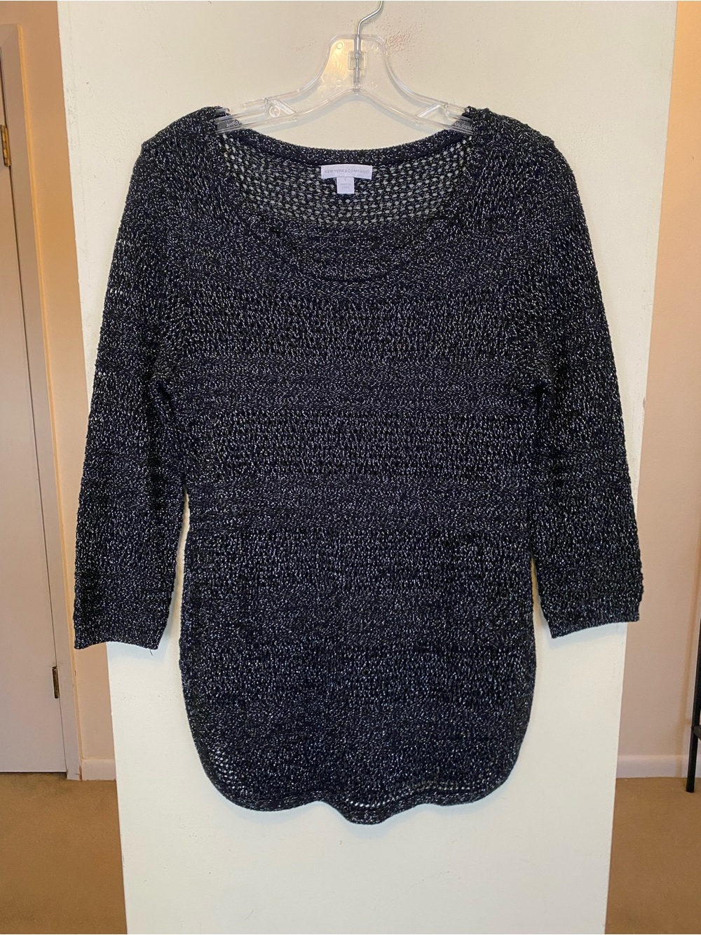 New York & Company Black Metallic Open Knit Sheer Sweater Women Small 3/4 Sleeve